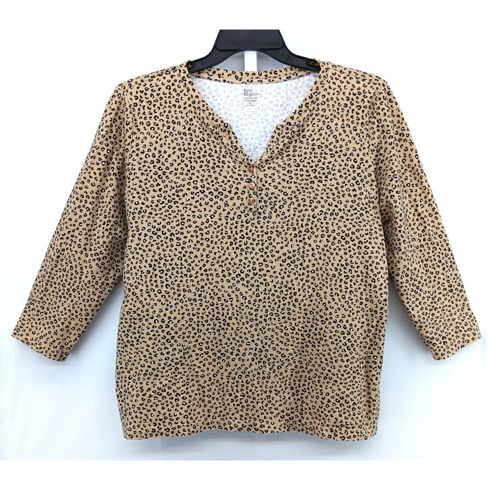 Kim Rogers Shirt Women Size XL Brown Animal Print 3/4 Sleeve Split V Neck Top